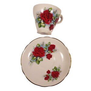 Red Roses Cup Saucer Royal Ascot Bone China Gold Trim England Vintage Tea set